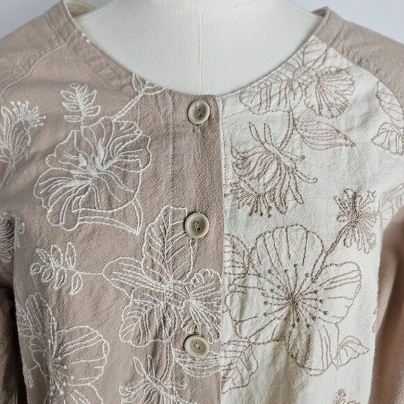 Produce Company Shirt Small Embroidered Boho Vintage Button-Up Beige 3/4 Sleeve - Picture 2 of 10